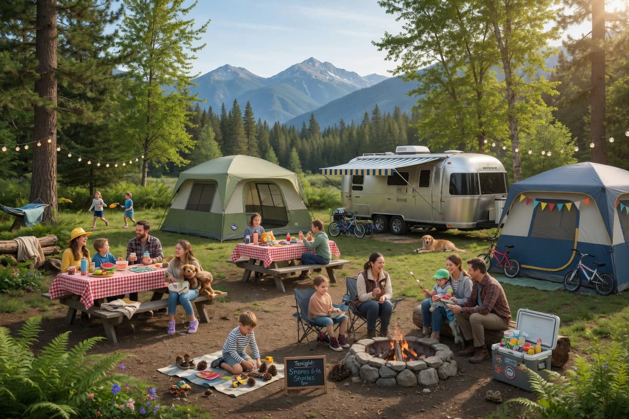 Idyllischer Campingplatz in der Natur mit Zelten und entspannten Gästen